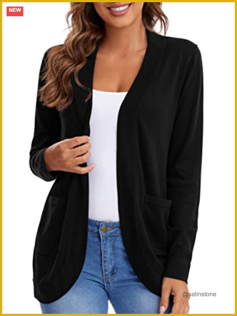 Long Sleeve Knit Cardigan Open Front Curved Hem with Pockets